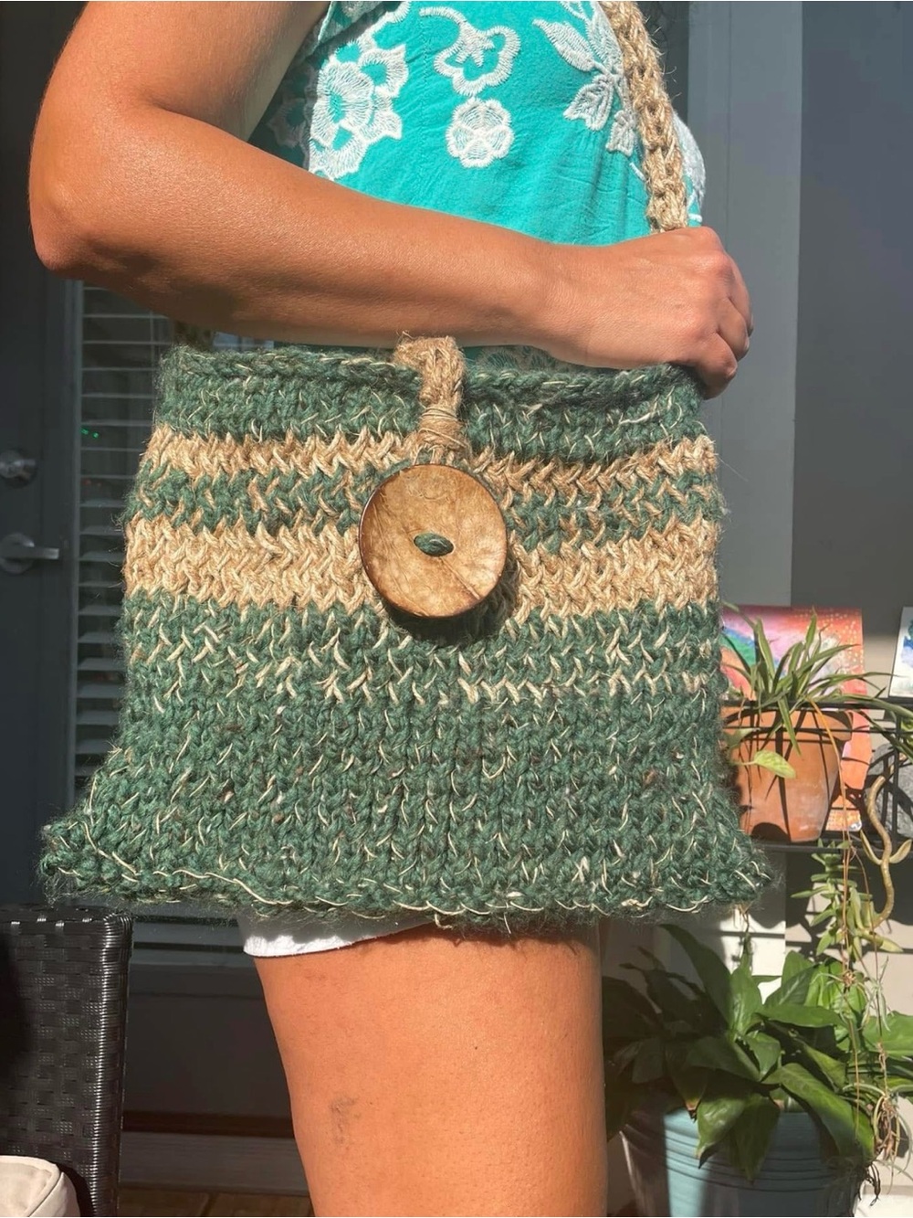 Handwoven Green and Natural Knit Shoulder Bag